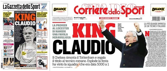 Montagem das capas do Gazzetta dello Sport e Corriere dello Sport com Ranieri campeão pelo Leicester (Foto: Reprodução)