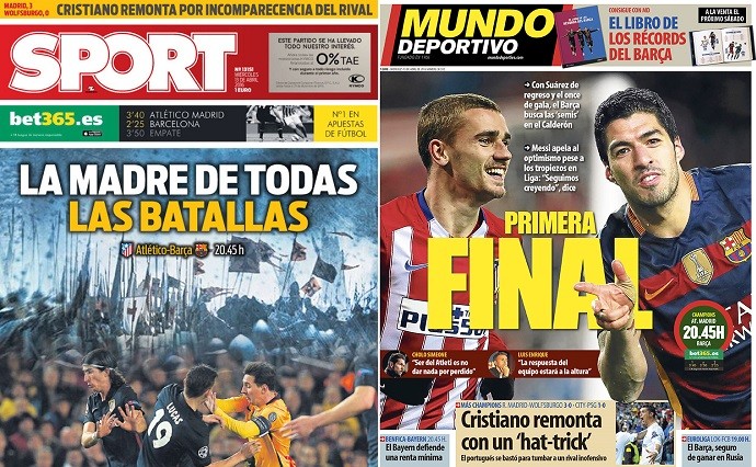 Capas de Sport e Mundo Deportivo sobre Atlético de Madrid x Barcelona (Foto: Reprodução)