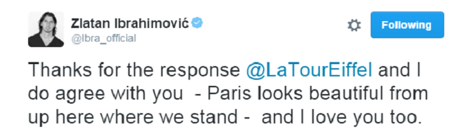 Ibrahimovic responde Torre Eiffel no Twitter (Foto: Reprodução / Twitter)