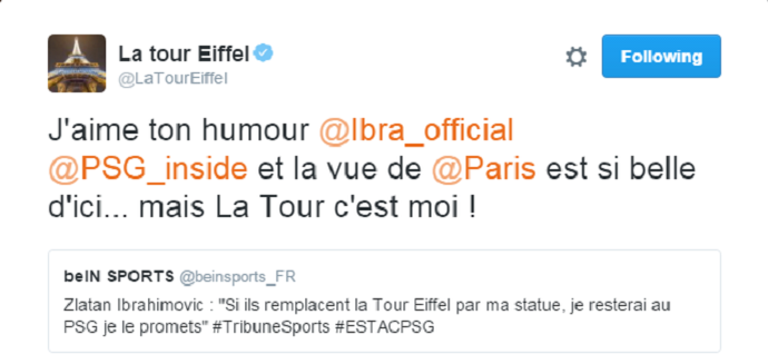 Twitter da Torre Eiffel rebate Ibrahimovic (Foto: Reprodução / Twitter)