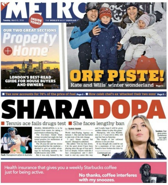 Capa jornal Metro doping Maria Sharapova (Foto: Reprodução)