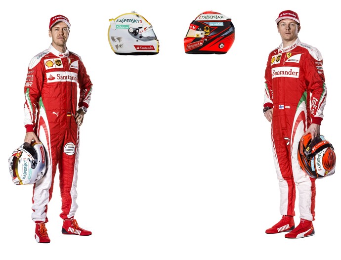 Vettel e Raikkonen com os capacetes e macacões de 2016 (Foto: Reprodução)