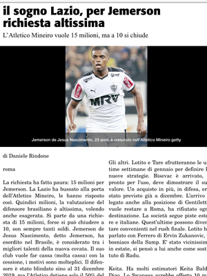 Jemerson é sonho da Lazio, diz "Corriere dello Sport" (Foto: Reprodução/Corriere dello Sport)