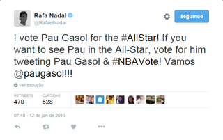 Rafael Nadal faz campanha por Pau Gasol no All-Star da NBA (Foto: Reprodução / Twitter)