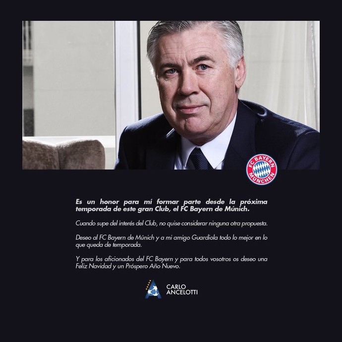 Carlo Ancelotti agradece Bayern de Munique e Guardiola (Foto: Reprodução Twitter)