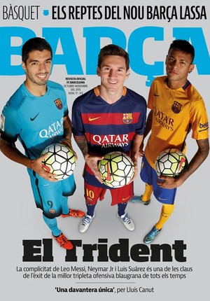 Reprodução da revista do Barcelona, com Neymar, Messi e Suárez (Foto: Reprodução site oficial do Barcelona)