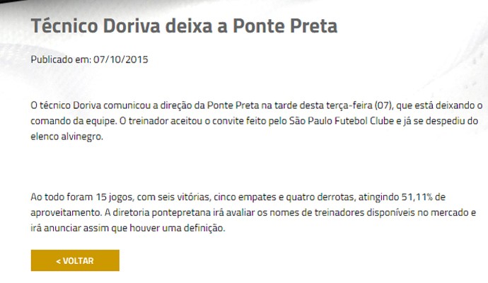 Nota oficial Ponte Preta Doriva São Paulo (Foto: Reprodução / site oficial)