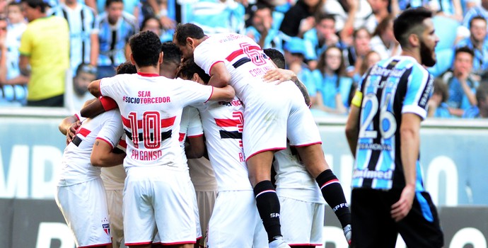 Jogadores do São Paulo comemoram gol de Pato sobre o Grêmio (Foto: Edu Andrade/Agência Estado)