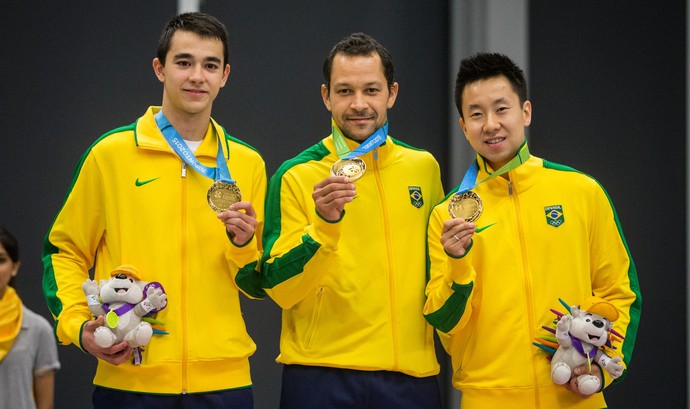 Hugo Calderanom Thiago Monteiro e Gustavo Tsubo tênis de mesa pan-americano 2015 (Foto: Jonne Roriz/Exemplus/COB)