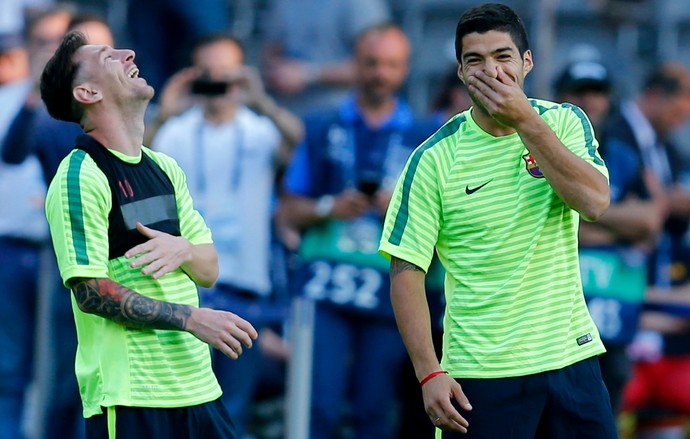 Messi Suárez treino Barcelona (Foto: AP)