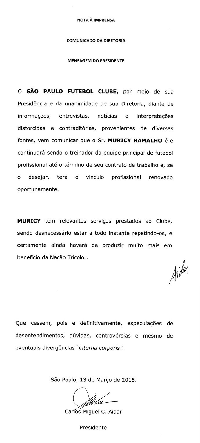 Comunicado São Paulo Muricy (Foto: Divulgação)