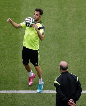 Fabregas e Vicente del bosque Espanha treino (Foto: Agência AP)