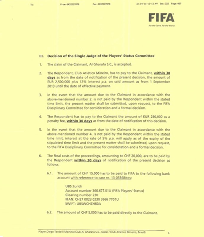 Documento FIFA para o Atlético-MG