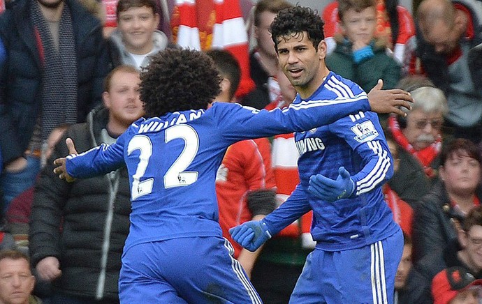 Diego Costa e Willian gol Chelsea x Liverpool (Foto: EFE)