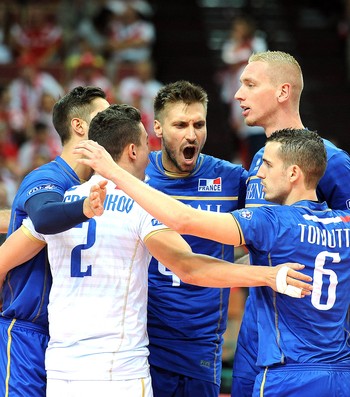 Comemoração da França contra o Brasil - Mundial de vôlei (Foto: Divulgação / FIVB)