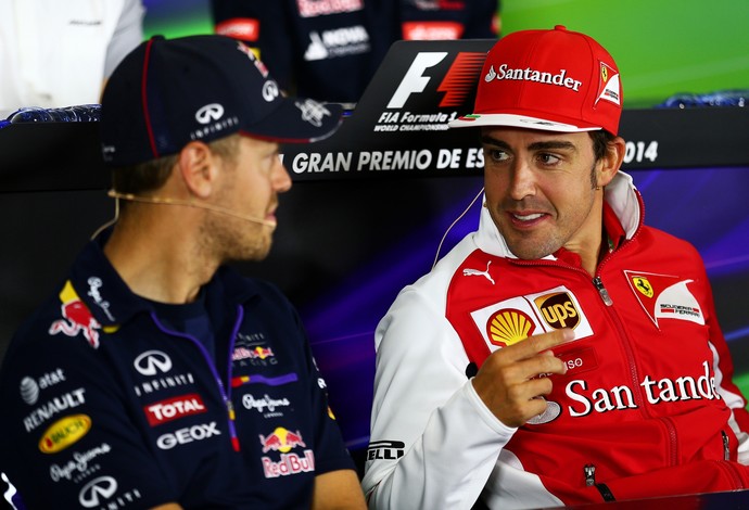 Sebastian Vettel e Fernando Alonso na coletiva do GP da Espanha (Foto: Getty Images)