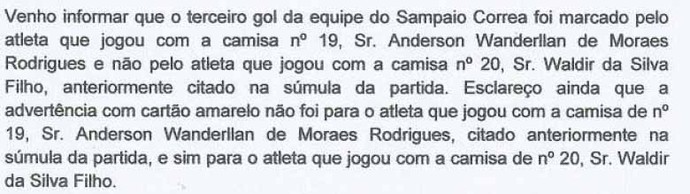 adendo sumula - Sampaio x Icasa (Foto: Reprodução)