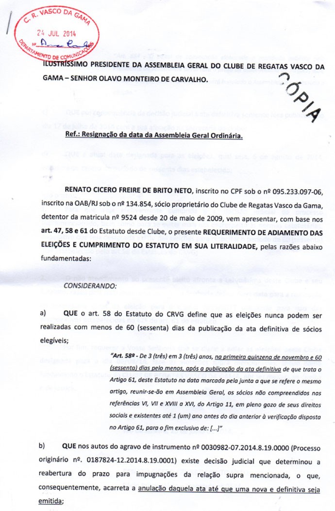 documento Adiamento Eleiçoes Vasco (Foto: Reprodução)