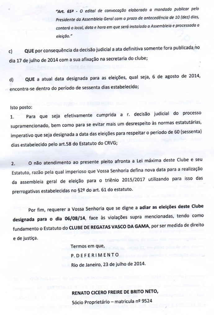 documento Adiamento Eleiçoes Vasco (Foto: Reprodução)