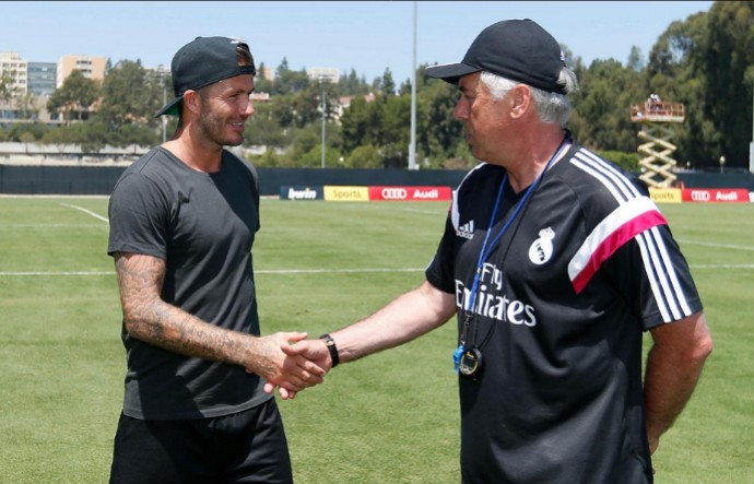 David Beckham Carlo Ancelotti treino Real Madrid (Foto: Reprodução / Site Oficial)