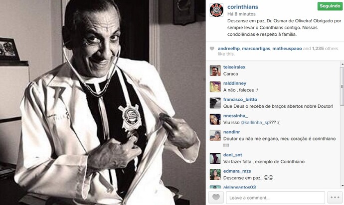 Corinthians faz homenagem a Dr. Osmar (Foto: Reprodução/Instagram)