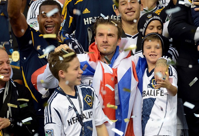 David Beckham los angeles galaxy comemora com os filhos Brooklyn Beckham, Romeo Beckham and Cruz Bekham (Foto: Agência Getty Images)