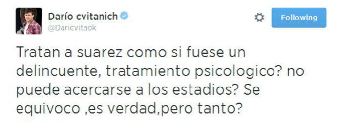 Darío Cvitanich comenta sua opinião sobre a punição a Suárez (Foto: Reprodução/Twitter)