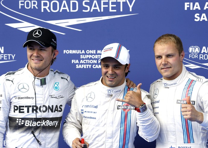 Felipe Massa, com Nico Rosberg e Valtteri Bottas: os três primeiros colocados do grid da Áustria (Foto: AP)