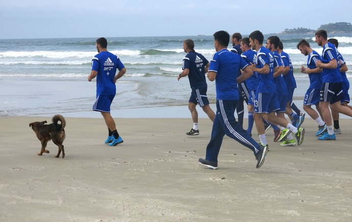 Jogadores correm acompanhados de perto pelo cão (Foto: Alexandre Lopes)