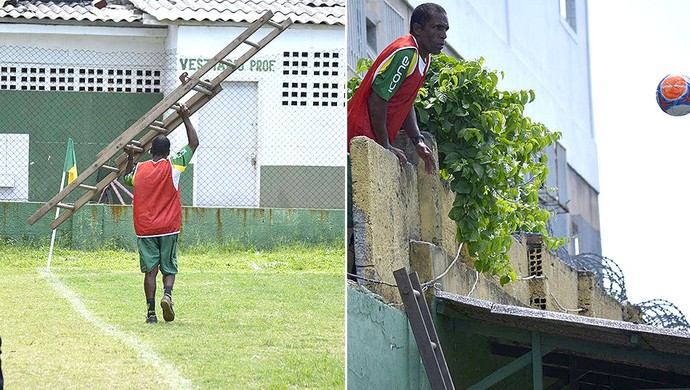 Gandula entra em campo com escada para recuperar bola (Foto: Adriano Barbosa / Serra FC)