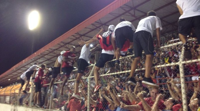 Jogadores comemoram no alambrado do Novelli Jr. (Foto: Natália de Oliveira)