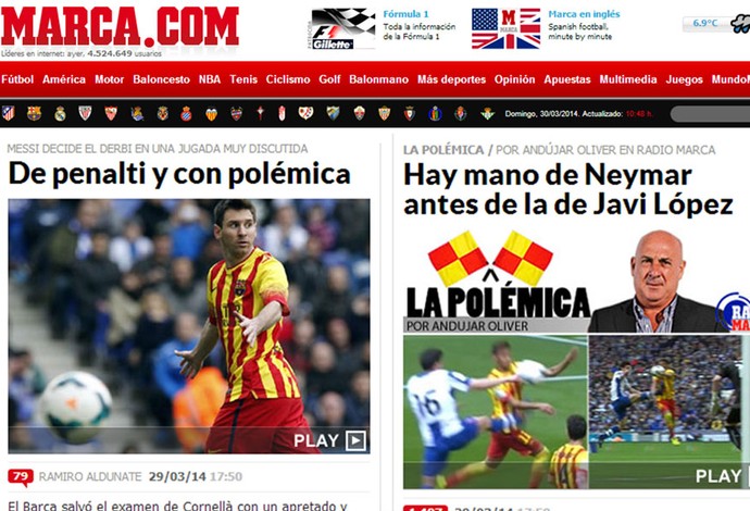 capa jornais polêmica Neymar pênalti jogo Barcelona x Espanyol (Foto: Reprodução / Marca.com)