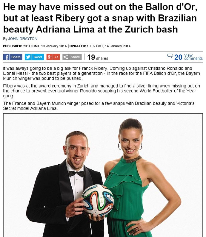 Adriana Lima com Ribery prêmio Bola de Ouro jornal (Foto: Reprodução)