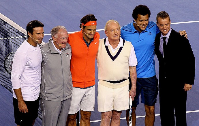 Tênis Pat Rafter, Tony Roche, Roger Federer, Rod Laver, Jo Wilfried Tsonga e Lleyton Hewitt jogo beneficente melbourne (Foto: Agência Getty Images)