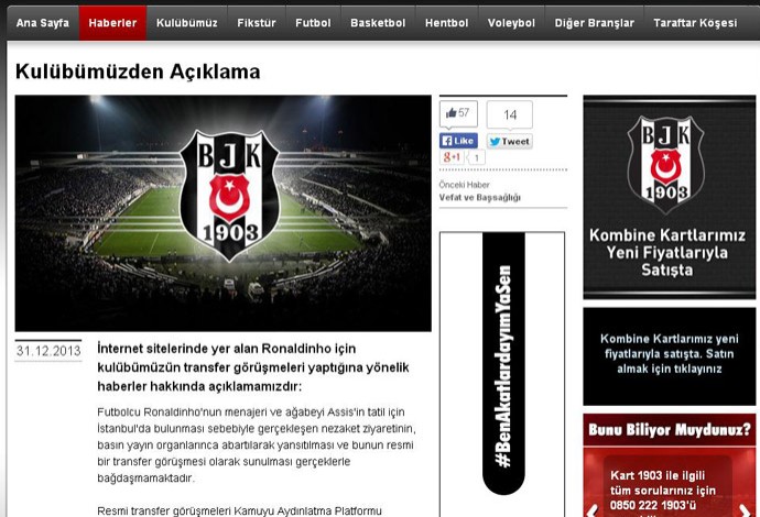 site do Besiktas (Foto: Reprodução)