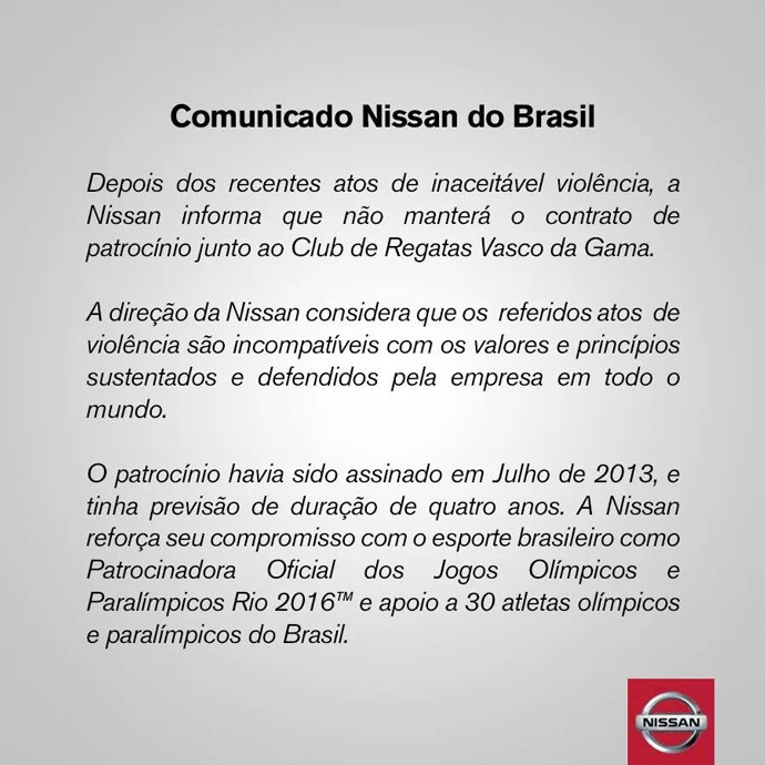 Nissan rescisão vasco (Foto: Reprodução/Facebook)