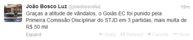 Tweet de João Bosco Luz, presidente do Goiás (Foto: Reprodução/Twitter)