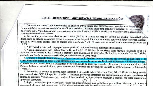 Documento PM clássico São Paulo x Corinthians (Foto: Reprodução)