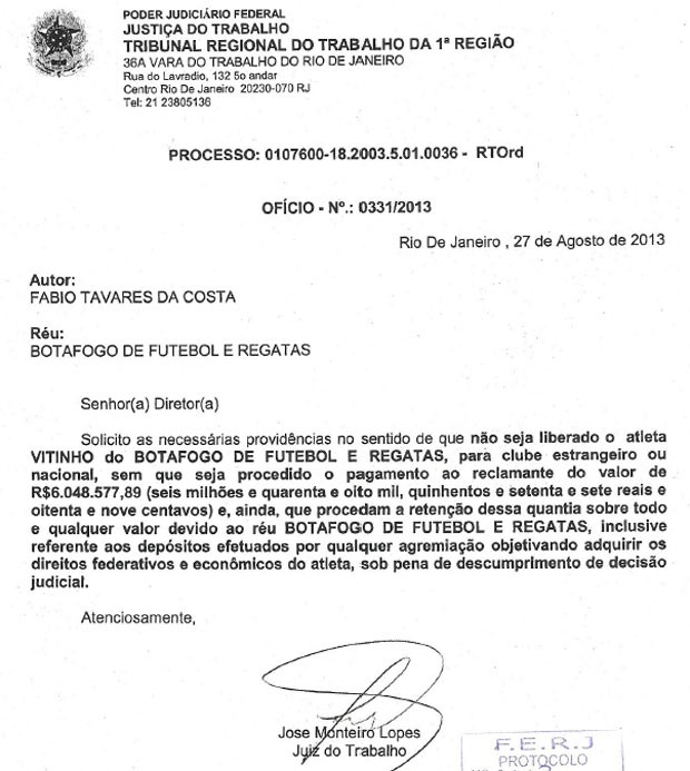 documento Botafogo Vitinho (Foto: Reprodução)