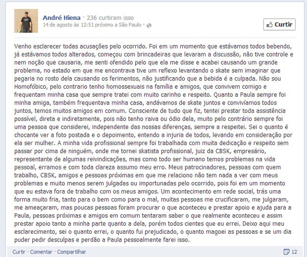 A declaração do agressor, André Hiena skatista Ana Paula Araújo (Foto: Reprodução / Facebook)