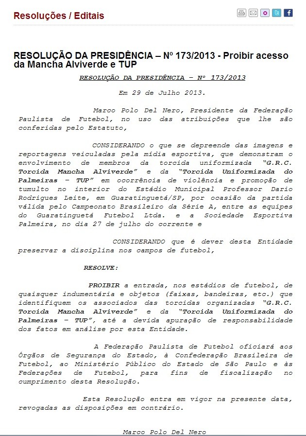 Resolução FPF Palmeiras (Foto: Reprodução / Site da FPF)