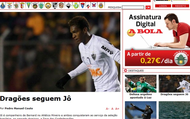 Jô, jornal A Bola, Porto, Atlético-MG, Portugal (Foto: Reprodução / Site Oficial A Bola)