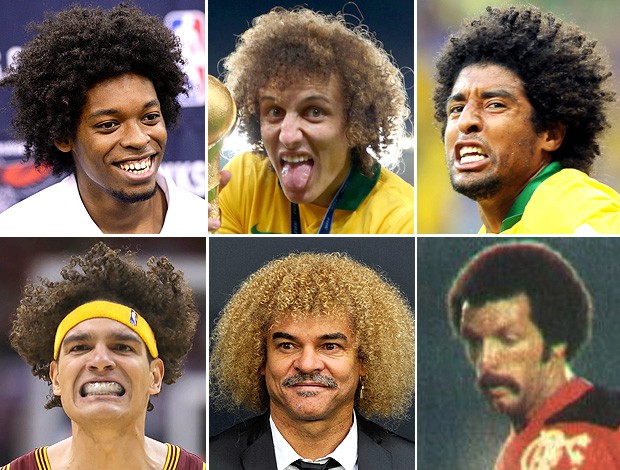 montagem cabelos Lucas Bebê, David Luiz, Dante, Varejão, Valderrama e Junior Capacete (Foto: Editoria de Arte)