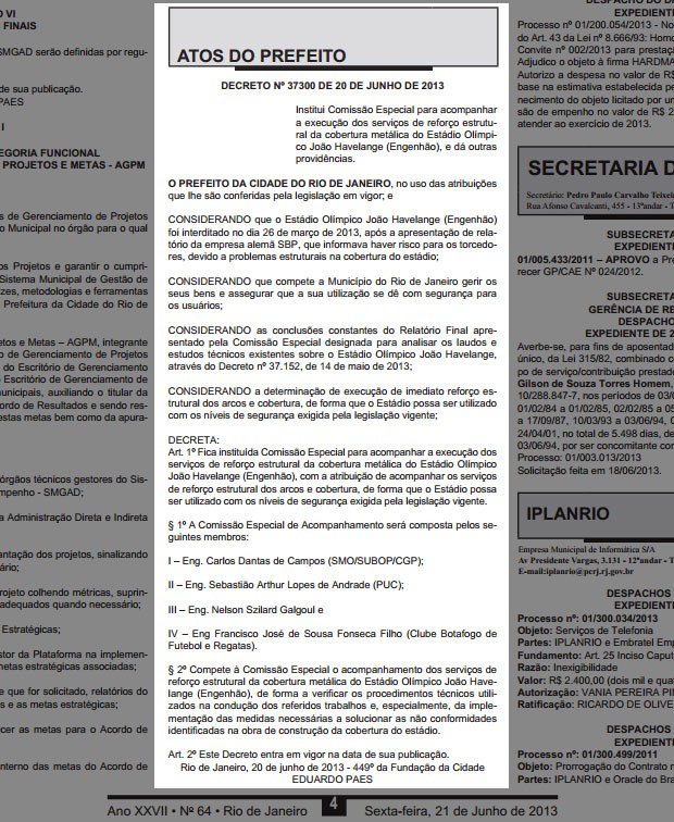 Reprodução Diário Oficial atos do prefeito sobre o Engenhão (Foto: Reprodução Diário Oficial)