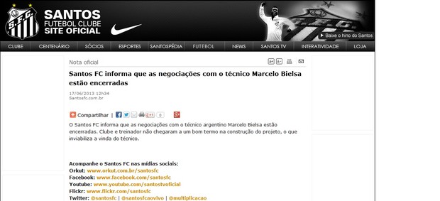 Santos Marcelo Bielsa desistência site oficial (Foto: Reprodução / Site Oficial do Santos)