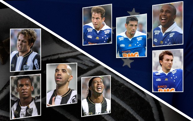 Montagem Diego Tardelli, Ronaldinho Gaúcho, Bernard e Jô atlético-mg e Éverton Ribeiro, Diego Souza, Borges e Dagoberto cruzeiro (Foto: Editoria de arte)