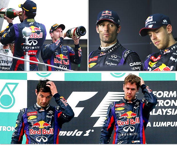 montagem Webber Vettel pódio RBR  (Foto: Editoria de Arte / Globoesporte.com)