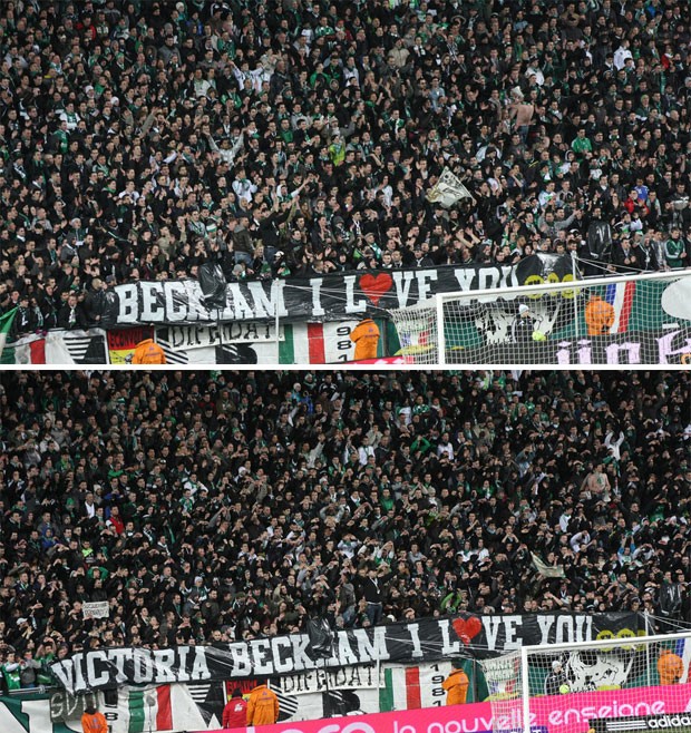 Torcida do Saint-Étienne faz faixa zuando Beckham (Foto: Reprodução)