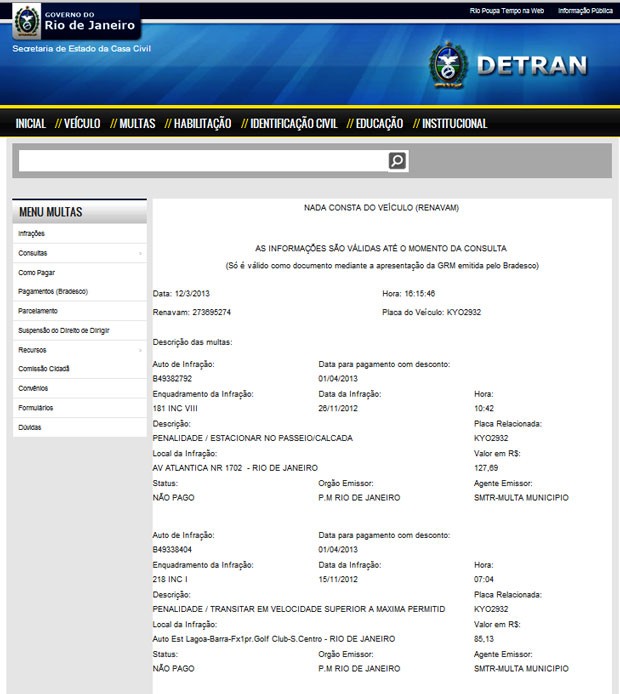 Multas do carro oficial da presidência do Flamengo no site do Detran-RJ (Foto: Reprodução)