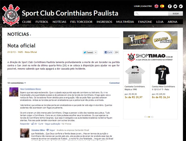 reprodução site oficial corinthians nota oficial sobre o falecimento do torcedor do San Jose-BOL (Foto: Reprodução / Site Oficial do Corinthians)